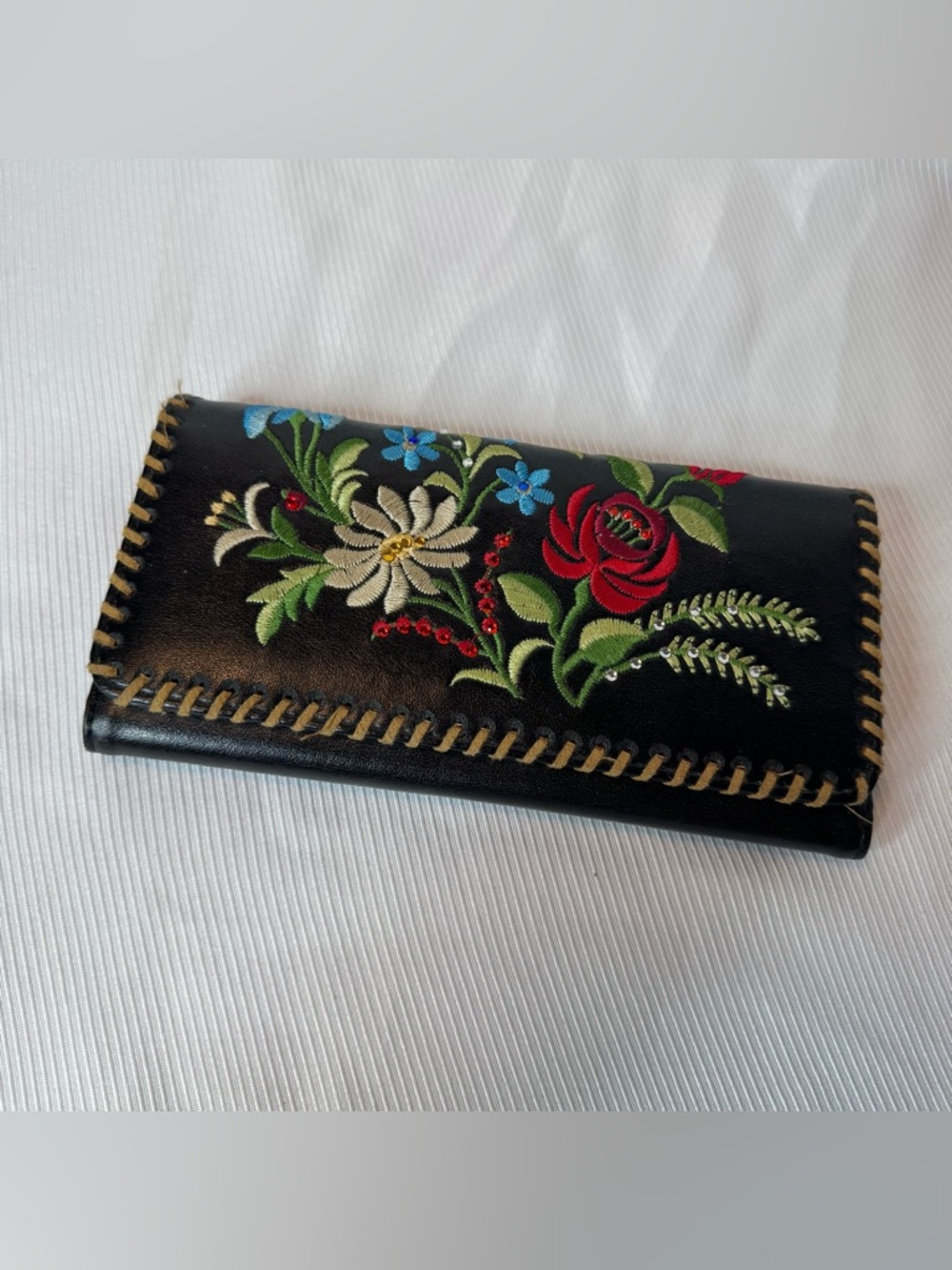 Black Embroidered Wallet with Rhinestones